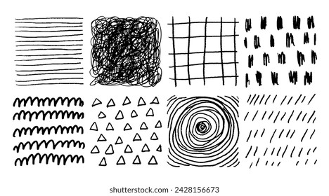 Strichmuster des Bleistifts. Kritzel-Kritzel des Stifts. Handgezeichnete Skizze Textur mit Bleistiftlinien. Kreuz- oder Parallelschraffur. Schwarz-weiße Grunge-Hintergründe. Vektor-Schraffurformen gesetzt