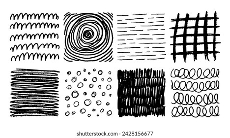 Pencil stroke pattern. Pen doodle scrawl. Hand drawn sketch texture with pencil lines. Cross or parallel hatch. Black and white grunge backgrounds. Vector square hatching shapes set