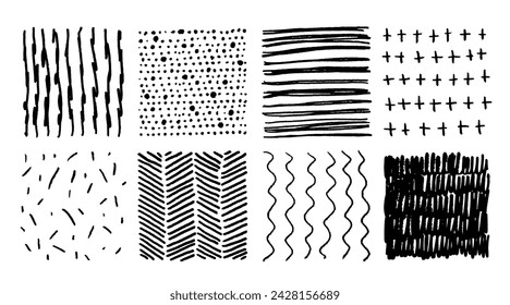 Strichmuster des Bleistifts. Kritzel-Kritzel des Stifts. Handgezeichnete Skizze Textur mit Bleistiftlinien. Kreuz- oder Parallelschraffur. Schwarz-weiße Grunge-Hintergründe. Vektor-Schraffurformen gesetzt