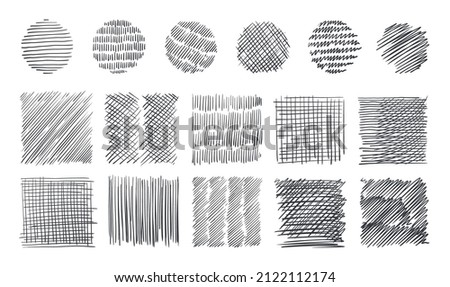 Pencil stroke pattern. Pen doodle scrawl. Hand drawn sketch texture with pen lines. Cross or parallel hatch. Black and white backgrounds. Vector square and round hatching shapes set Stock foto © 