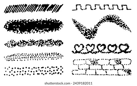Trazos de lápiz. Conjunto de líneas de pincel negro dibujado a mano. Pinceles de diferentes formas sobre fondo blanco. Pinceles vectoriales en estilo grunge. Vector líneas horizontales en lápiz. Líneas vectoriales en tiza.