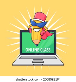 pencil super hero teaching online class for school from home activity vector illustration design