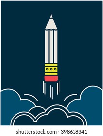 Pencil takes off like a rocket into space. Copywriting emblem. Pencil in outline style. Development in copywriting concept. 
