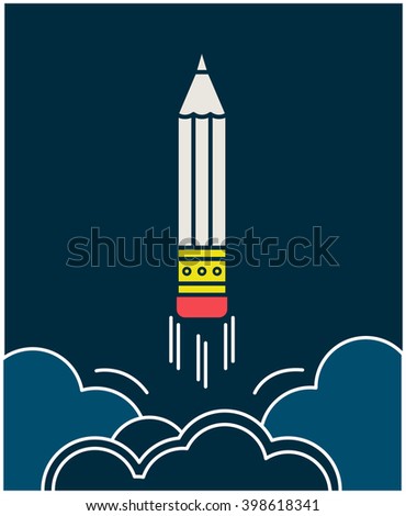Pencil takes off like a rocket into space. Copywriting emblem. Pencil in outline style. Development in copywriting concept. 