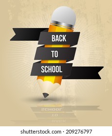 Pencil with text Back to school on ribbon, vector illustration, texture paper, can use for advertising school shop, web and printing object school concept.