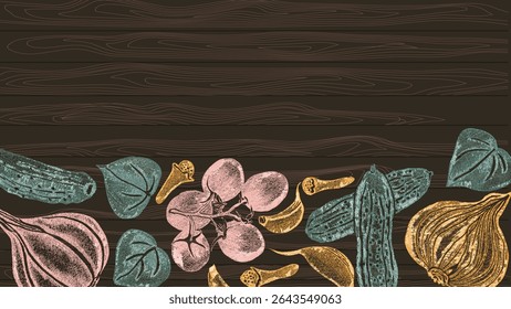 Pencil texture hand drawn vegetable design vector on dark wood