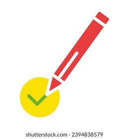 Pencil with a tick. Voting, elections, politics, candidates, government, take a test, take an exam, certification, sign an agreement, election campaign. Colorful icon on white background
