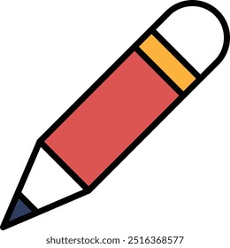 A pencil with a tip. The pencil is drawn in a stylized way, with a sharp point and a thin, elongated body. The red and yellow colors give the pencil a playful, whimsical appearance