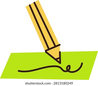 Pencil tip writes a looping signature on a sheet with bold linework and thick outline style. Symbol of approval, agreement, contract, and creativity in a quirky sketch. Cartoon vector illustration.