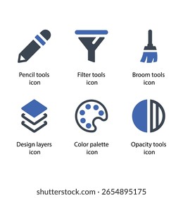 Pencil tools, Filter tools, Broom tools, Design layers, Color palette, Opacity tools, icon