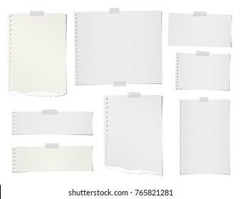 Pencil and torn ruled, blank note, notebook, paper sheets for text or message stuck with sticky tape on white background.