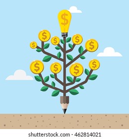 Pencil tree and coins idea concept. Business concept vector. Can be used for lay out and background.