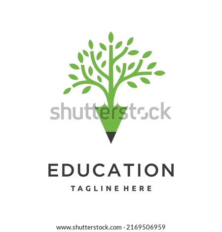 Pencil with tree grow education logo design 