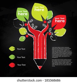 Pencil tree, info graphic about education and growing. Modern vector illustration on stylish blackboard background with chalk drawn elements. 
