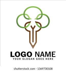 Pencil tree logo, pencil tree illustration design with green leaves for education concept