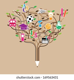 Pencil tree shaped made with school icons set illustration. Vector illustration layered for easy manipulation and custom coloring.