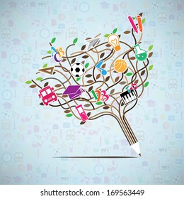 Pencil tree shaped made with school icons set illustration. Vector illustration layered for easy manipulation and custom coloring.