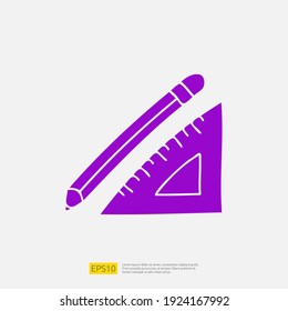 pencil and triangle ruler doodle icon for education and back to school concept. Solid glyph sign symbol vector illustration