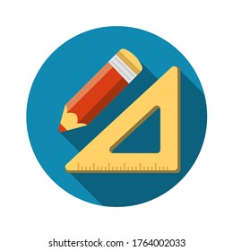 Lápiz y regla triangular. Matemáticas o geometría de asignatura escolar. Icono de color plano vector con sombra larga. Aislado sobre un fondo blanco.