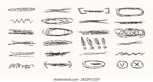 Pulseras de subrayado y tachado de lápiz para el libro de notas. Colección dibujada a mano de diferentes líneas de garabatos y elementos en cuaderno a cuadros. Brillo cruzado y resaltado ondulado para almohadilla de garrapatas