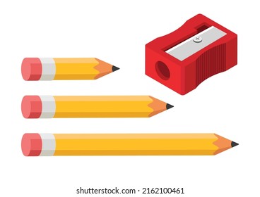 Pencil Vector Design. Pencil With Different Lengths And Red Pencil Sharpener Isometric 3d Style Vector Illustration Isolated On White Background. Pencils Clipart