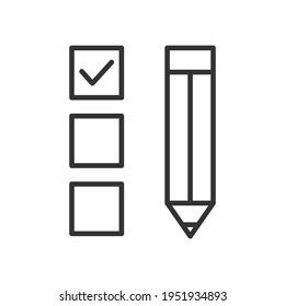Icono del vector del lápiz. Pictograma de lista de verificación. Aprobar la ilustración del símbolo lineal del portapapeles. Marcar el signo de la línea. Información confirmada. Aislado en blanco. 