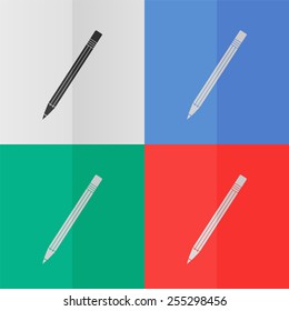 Pencil vector icon. Effect of folded paper. Colored (red, blue, green) illustrations. Flat design