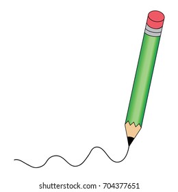 Pencil - vector icon in green with a writing black line on isolated white background. Copy space for text. illustration EPS10