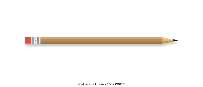 Pencil vector icon. Pencil with Red Rubber, isolated on White background. Wooden Pencil with rubber eraser in modern simple flat design. Panorama view. Vector illustration