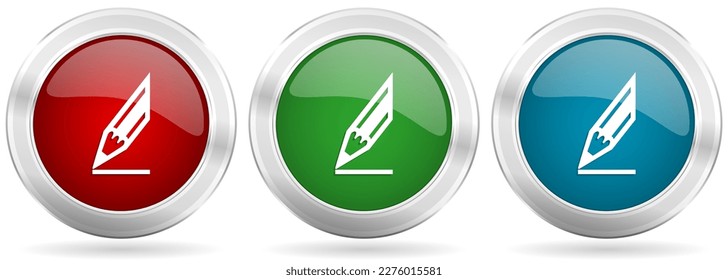 Pencil vector icon set. Red, blue and green silver metallic web buttons with chrome border