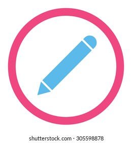 Pencil vector icon. This rounded flat symbol is drawn with pink and blue colors on a white background.