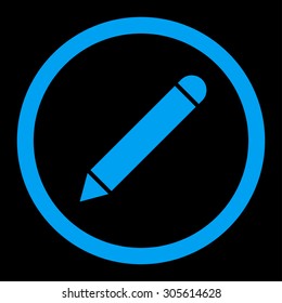 Pencil vector icon. This rounded flat symbol is drawn with blue color on a black background.