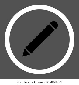 Pencil vector icon. This rounded flat symbol is drawn with black and white colors on a gray background.