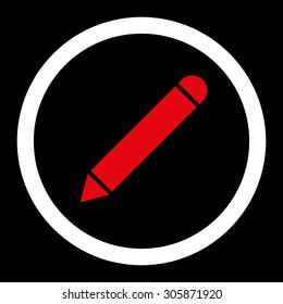 Pencil vector icon. This rounded flat symbol is drawn with red and white colors on a black background.