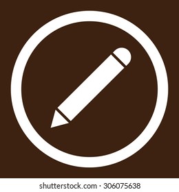 Pencil vector icon. This rounded flat symbol is drawn with white color on a brown background.