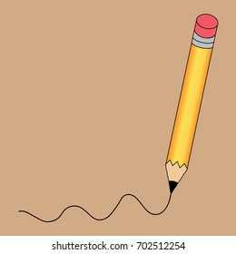 Pencil - vector icon in yellow with a writing black line on isolated brown background. Copy space for text. illustration EPS10