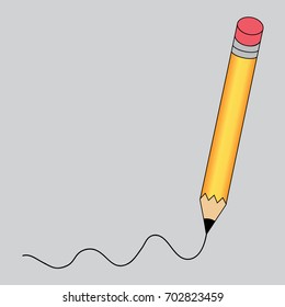 Pencil - vector icon in yellow with a writing black line on isolated gray background. Copy space for text. illustration EPS10