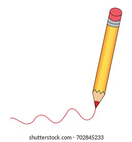 Pencil - vector icon in yellow with a writing red line on isolated white background. Copy space for text. illustration EPS10