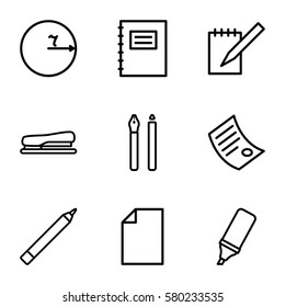 pencil vector icons. Set of 9 pencil outline icons such as pen, notebook, highlighter, stapler, document, notepad, circle