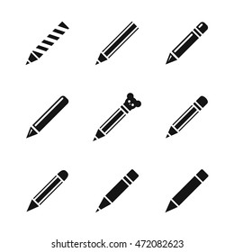 Pencil vector icons. Simple illustration set of 9 pencil elements, editable icons, can be used in logo, UI and web design