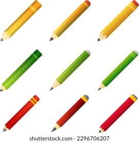 Pencil vector illustration set. Pencil icon for design about education, school, office or book. Pencil with yellow, green and red color for decoration or ornament. Back to school graphic resource
