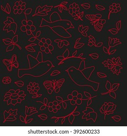 Pencil vector image, set of flat butterflies and flowers with red lines on a black background,