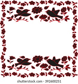 Pencil vector image, set of flat, black butterflies and flowers with red lines on a white background, around the empty square in the center with a place for an inscription