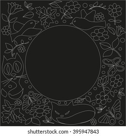 Pencil vector image, set of flat, black butterflies and flowers with white lines on a black background, in tsenre empty circle with a place for an inscription