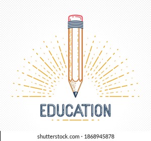 Logo vectorial de lápiz o icono de la educación o conocimiento científico, arte y diseño, logotipo o emblema del vector de investigación teórica.