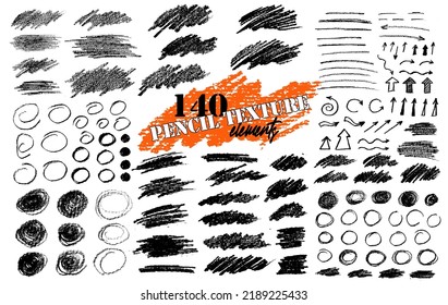 Pencil Vector Scribbles Bundle.  Pencil Drawing Texture Design Elements. Hand Drawn Arrows, Lines, Borders, Diagonal Banners. Sketched Circle Frames And Rounds