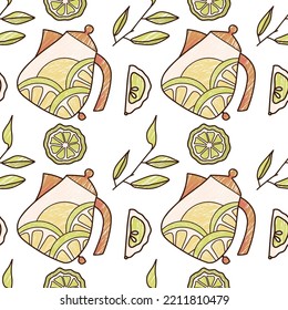pencil vector seamless pattern, cup and teapot for tea and coffee