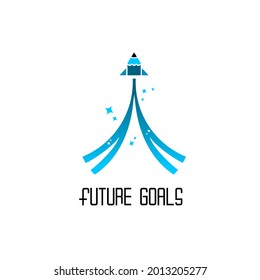 pencil vector shaped spaceship flying vertically across the stars, future goals text, logos and icons