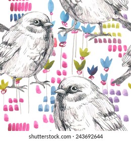 pencil and watercolor sketch seamless pattern with flower and bird sparrow