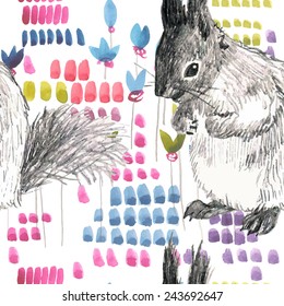 pencil and watercolor sketch seamless pattern with flower and squirrels
